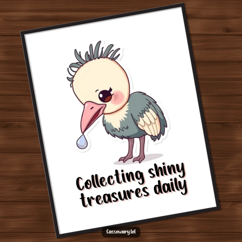 Funny Free Printable Cassowary Wall Art, beak nudging a shiny object, curious exploration, whimsical decor.