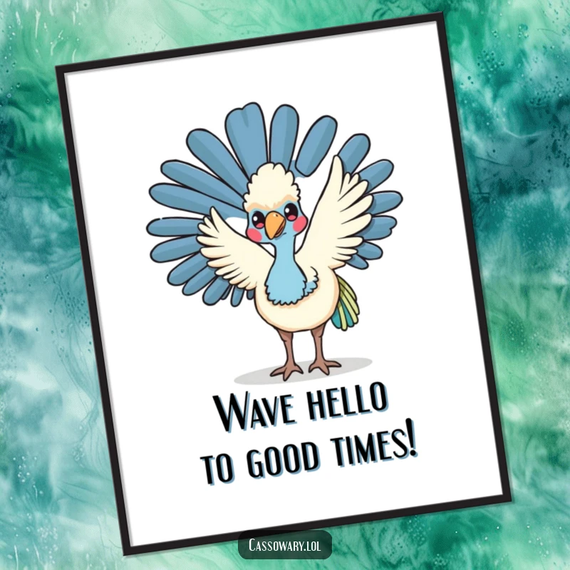 Funny Free Printable Wall Art: a kawaii cassowary extends a friendly wing wave, bringing cheerful vibes.