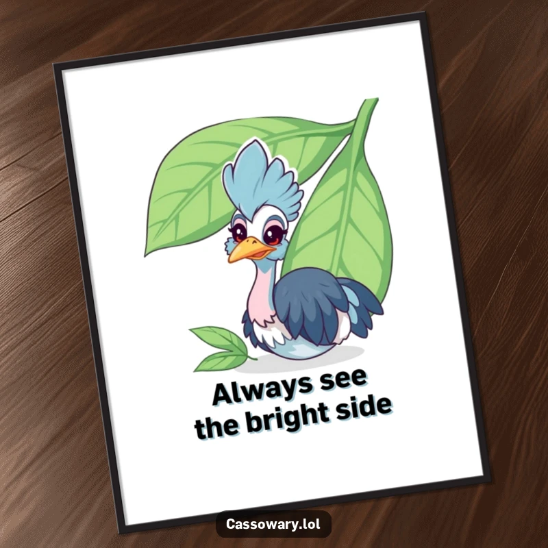 Funny Free Printable Wall Art: A cheerful cassowary joyfully peeking from behind a large green leaf.
