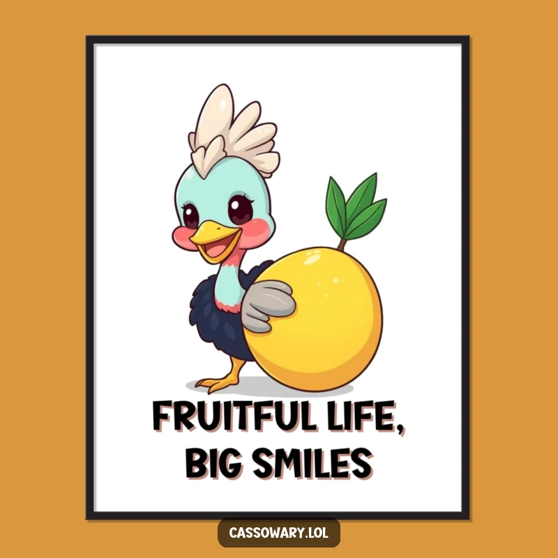 Funny Free Printable Wall Art: Smiling Cassowary with Fruit, Quirky Downloadable Decor