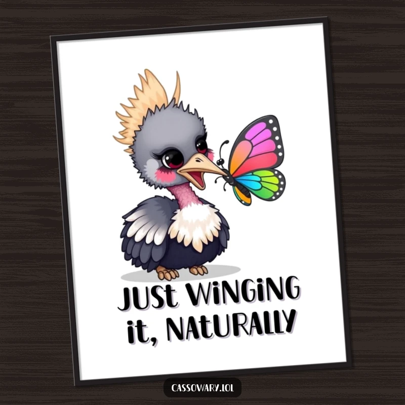 Funny Free Printable Wall Art: A cassowary nudging a butterfly, vibrant colors, quirky cartoon style.