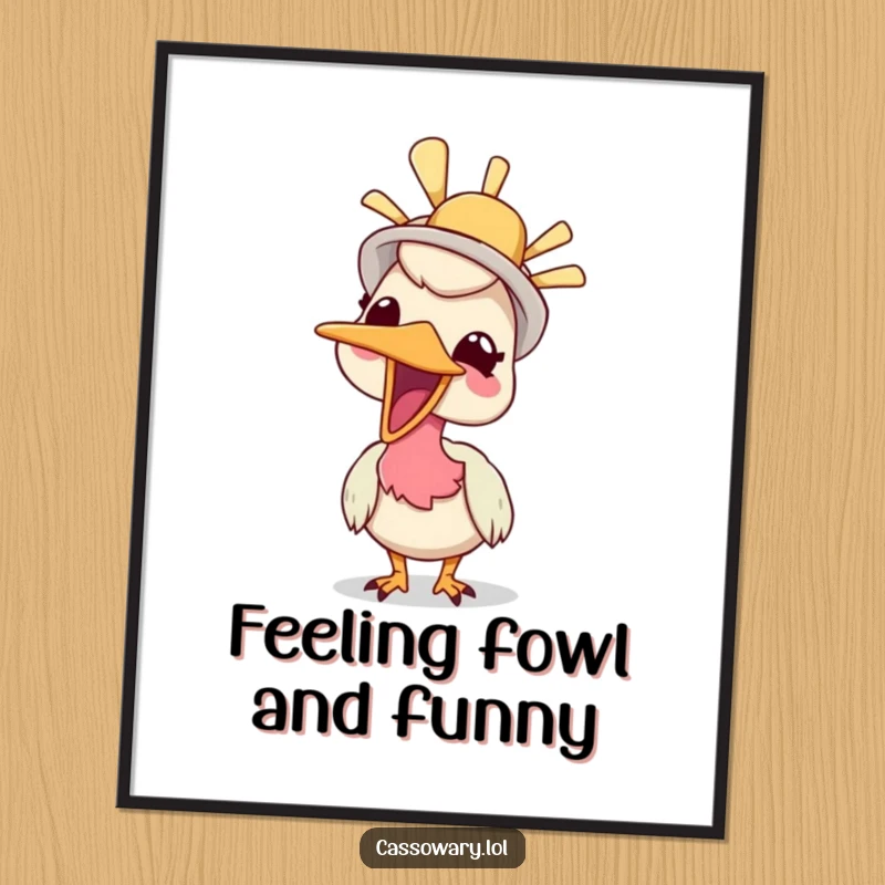 Funny Free Printable Giggling Cassowary Wall Art: Bird wearing a silly hat, giggling with infectious humor.