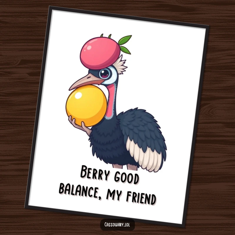 Funny Free Printable Wall Art: A cassowary attempts the tricky feat of balancing a large fruit on its head.
