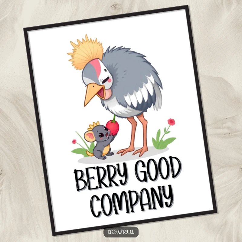 Funny Free Printable Wall Art: A cassowary generously sharing a juicy berry with a small, delighted jungle creature.