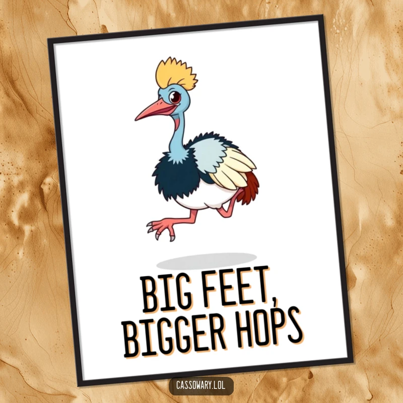 Funny Free Printable Wall Art: A cassowary doing a comical little hop, its large feet mid-air, creating a whimsical scene.