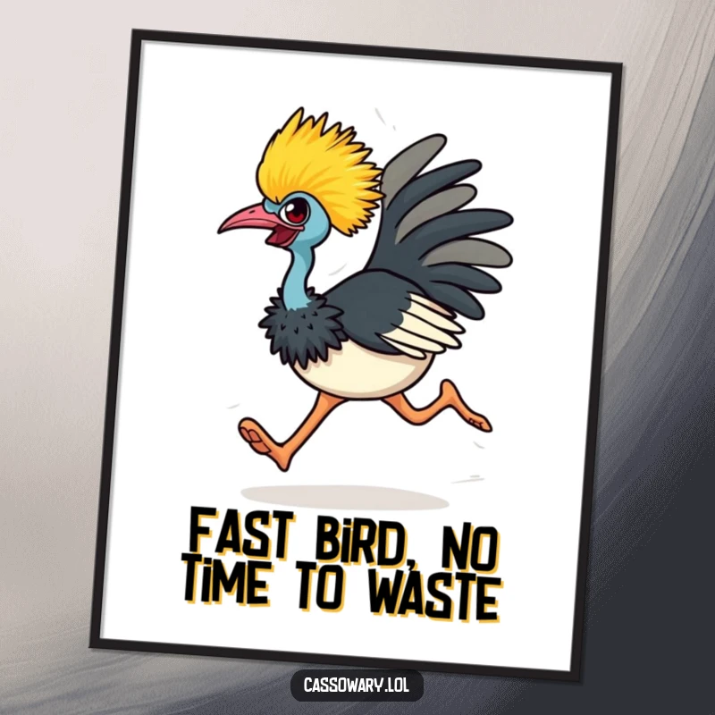 Funny Free Printable Wall Art: A determined cassowary runs at full speed, a blur of feathered energy for your wall.