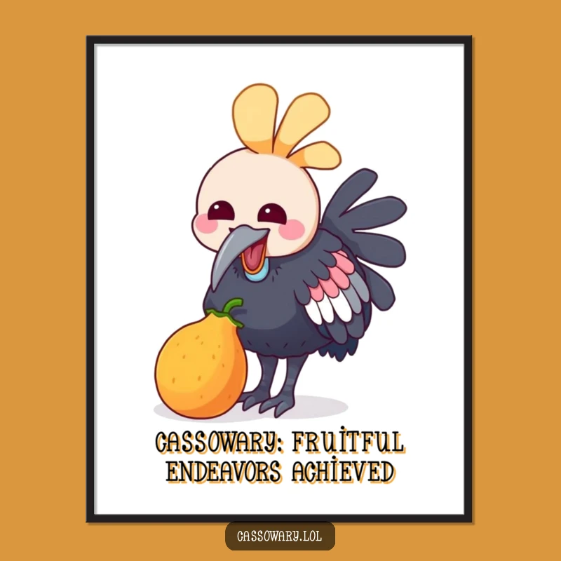 Funny Free Printable Wall Art: Kawaii Cassowary Pecking Fruit, Whimsical Downloadable Decor!