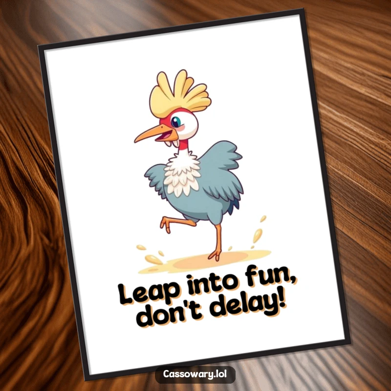 Funny Free Printable Wall Art: A cassowary joyfully leaps high, kicking up dust in a dynamic display of vibrant energy.