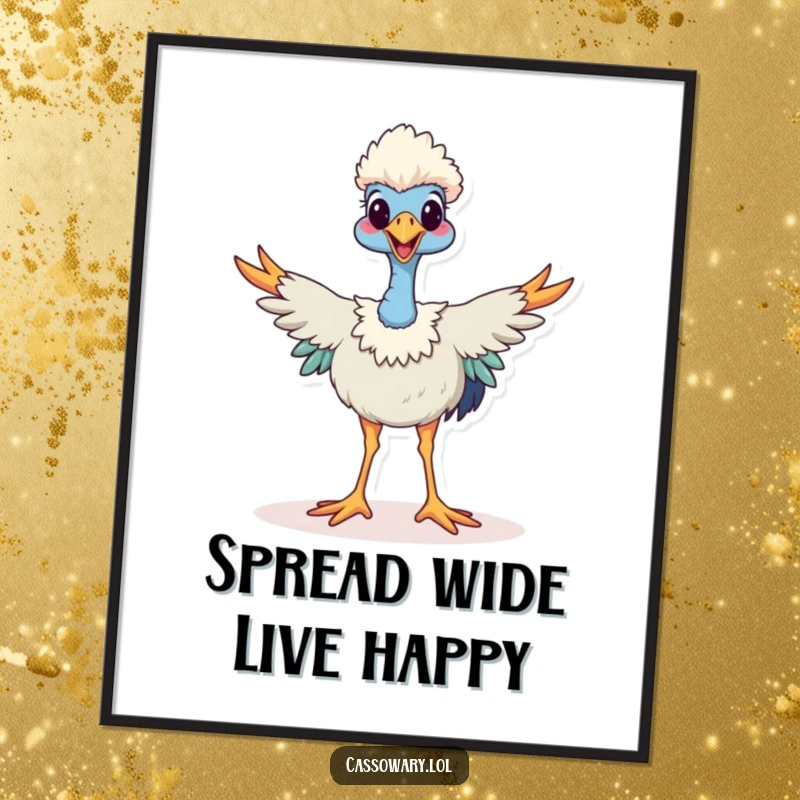 Funny Free Printable Wall Art of a cassowary standing with legs spread wide in a gleeful, happy pose.