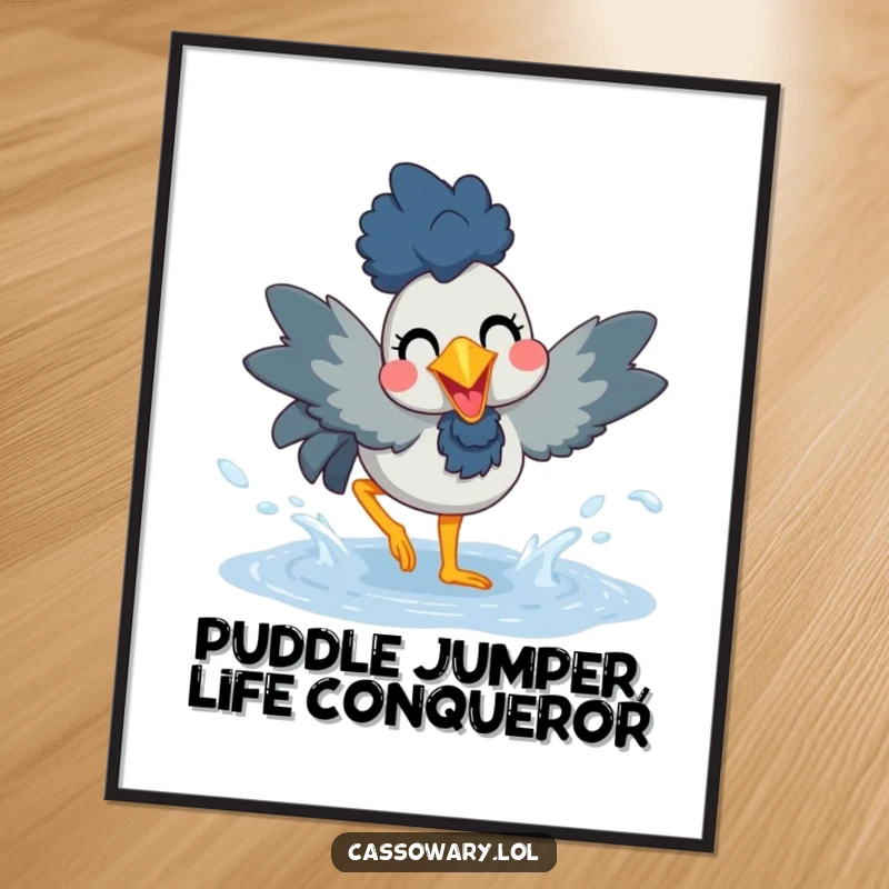 Funny free printable wall art captures a cassowary joyfully splashing in a puddle, exuding happiness and fun.