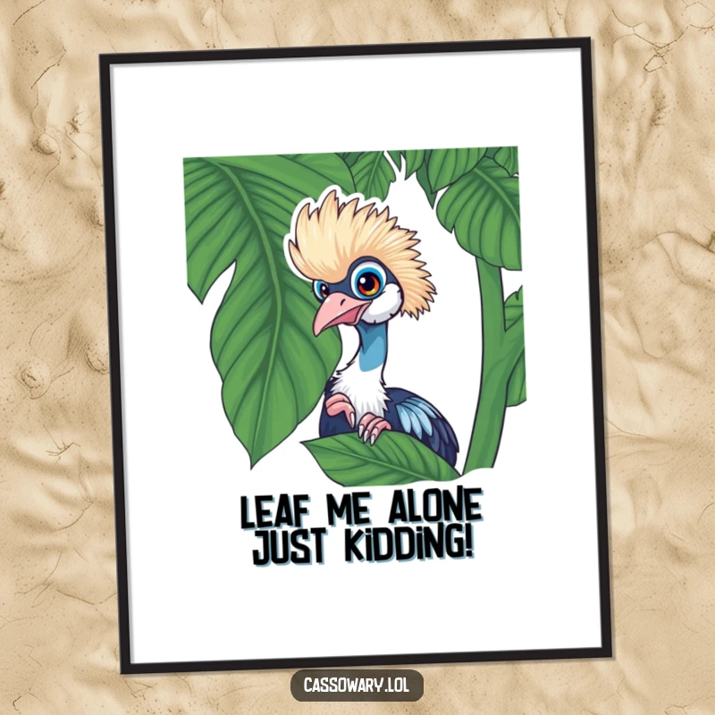 Funny Free Printable Wall Art: A cassowary playfully peeking from behind a lush tropical leaf, with a curious and charming expression.
