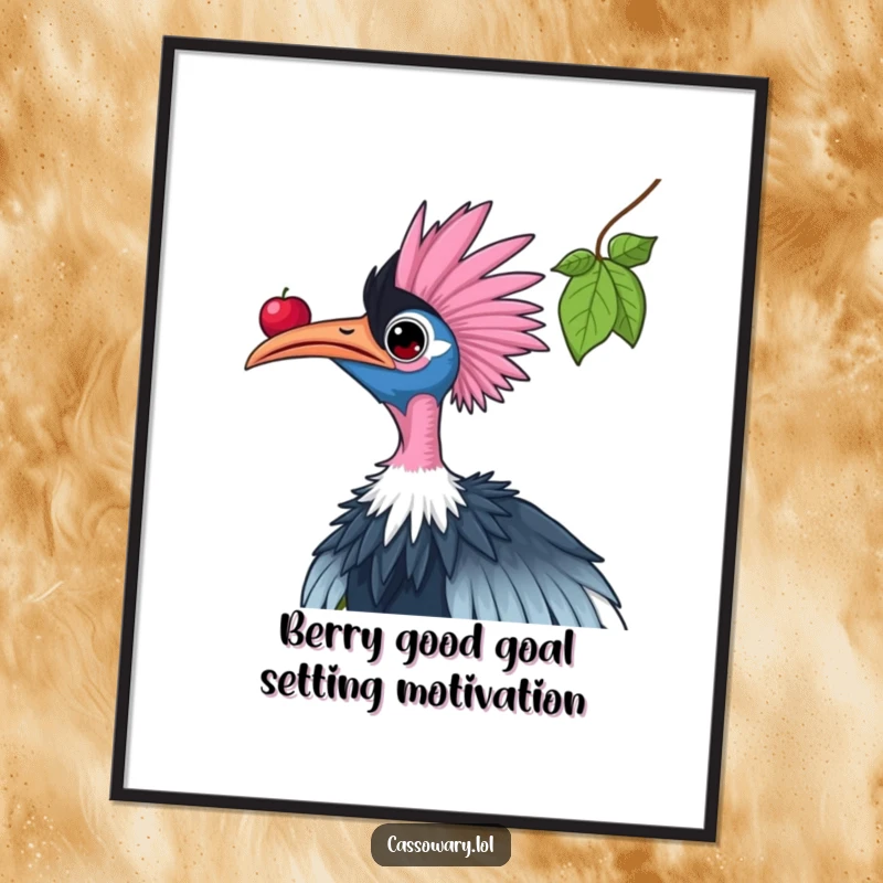 Funny Free Printable Wall Art: Cassowary with neck stretched, intently reaching for a high, ripe berry, symbolizing ambition.