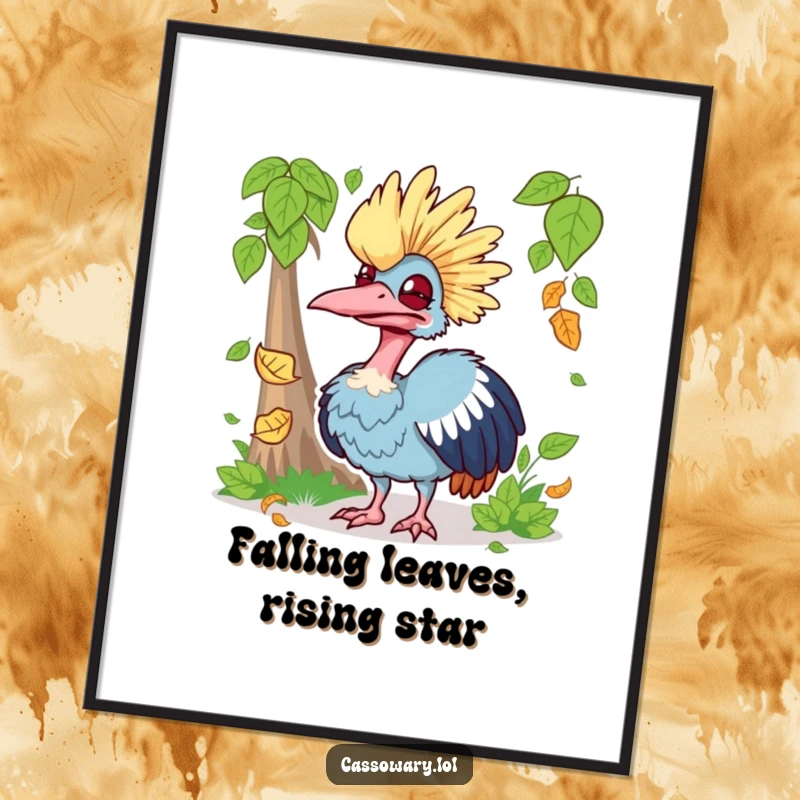 Funny free printable wall art of a cassowary making a silly face while trying to catch a falling leaf.