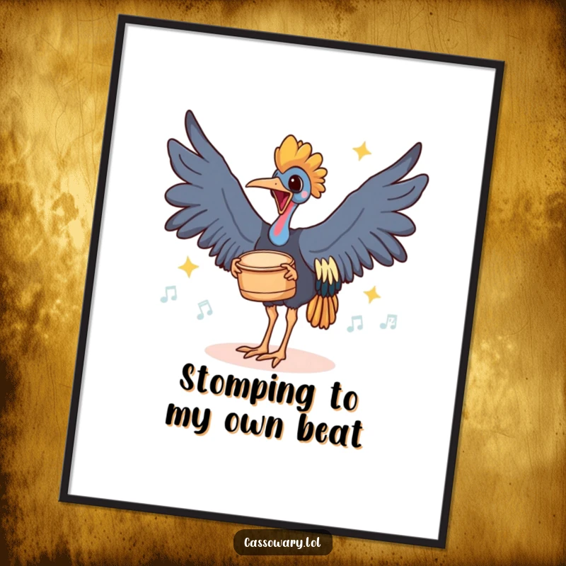 Funny Free Printable Wall Art: A cassowary drumming its feet with energy, vibrant cartoon, unique decor.