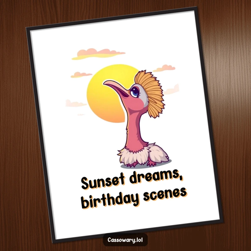 Funny Free Printable Wall Art depicting a cassowary peacefully contemplating a stunning sunset, radiating contentment.
