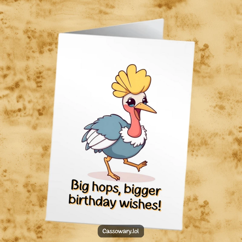 Funny Free Printable Birthday Card featuring a kawaii cassowary doing a cheerful, playful hop, ready to celebrate.
