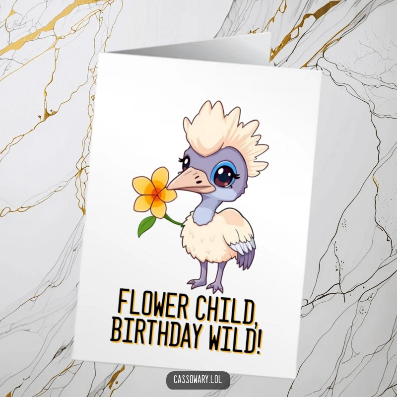 Funny free printable birthday card shows a cassowary with a flower behind its ear, looking inquisitively at the viewer.