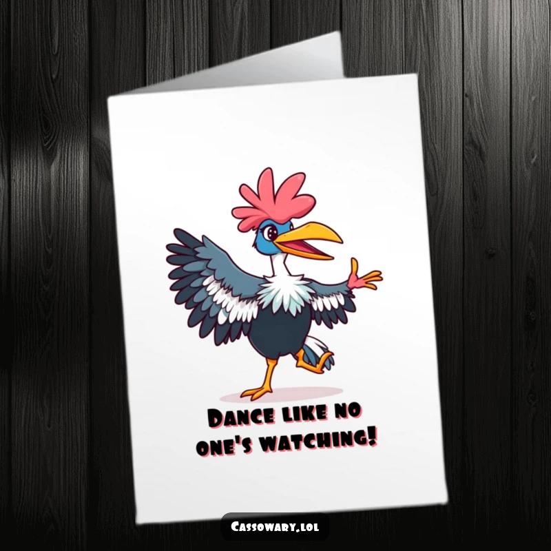 Funny Free Printable Birthday Card: Vibrant cassowary grinning widely, busting out a hilarious, fancy dance move with flair.