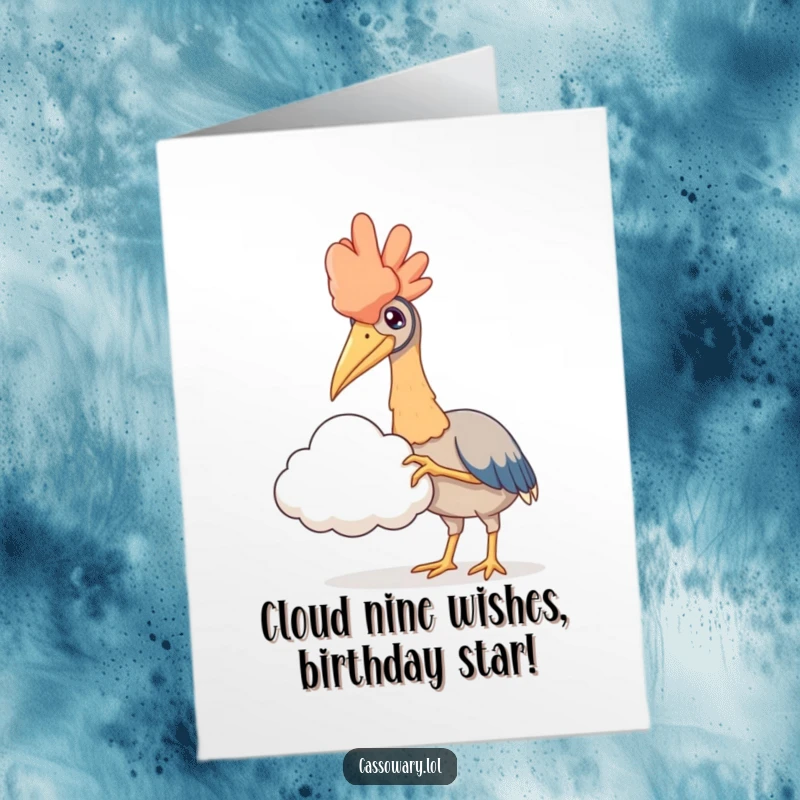 Funny free printable birthday card: Cassowary gently extends its claw towards a soft, puffy white cloud.
