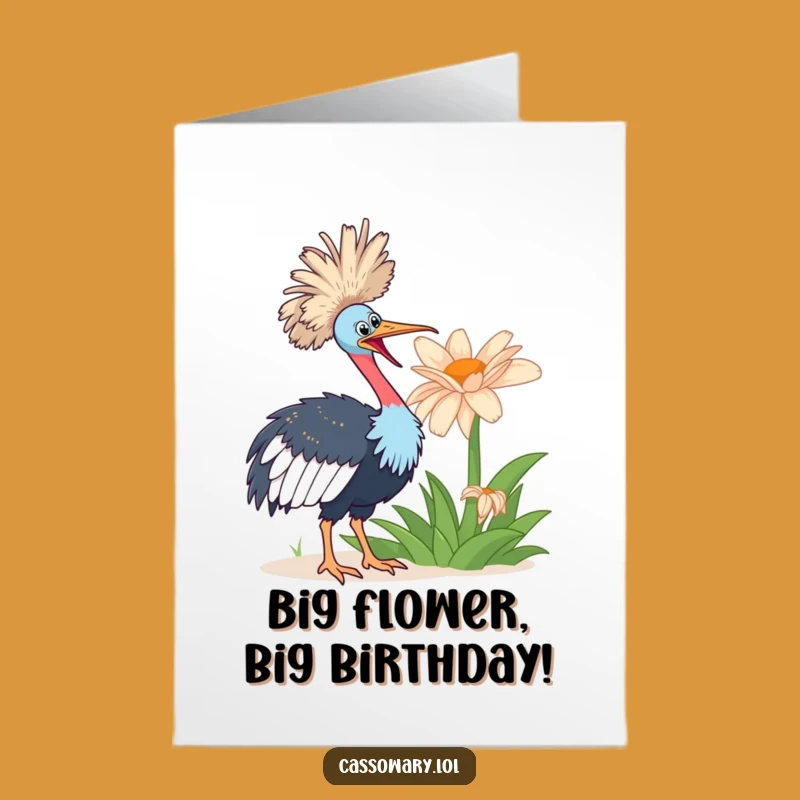 Free Printable Birthday Card: Enthusiastic Cassowary & Flower Greeting - Cheerful Downloadable Gift