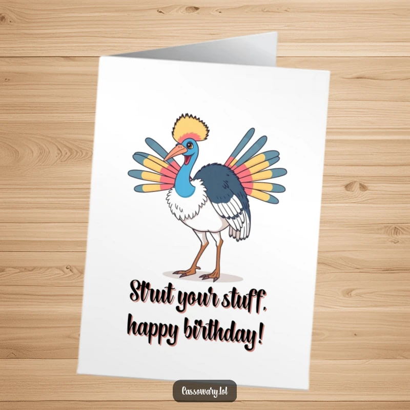 Funny Free Printable Birthday Card: A cassowary doing a proud strut, showcasing its vibrant, colorful neck feathers, ready to celebrate.