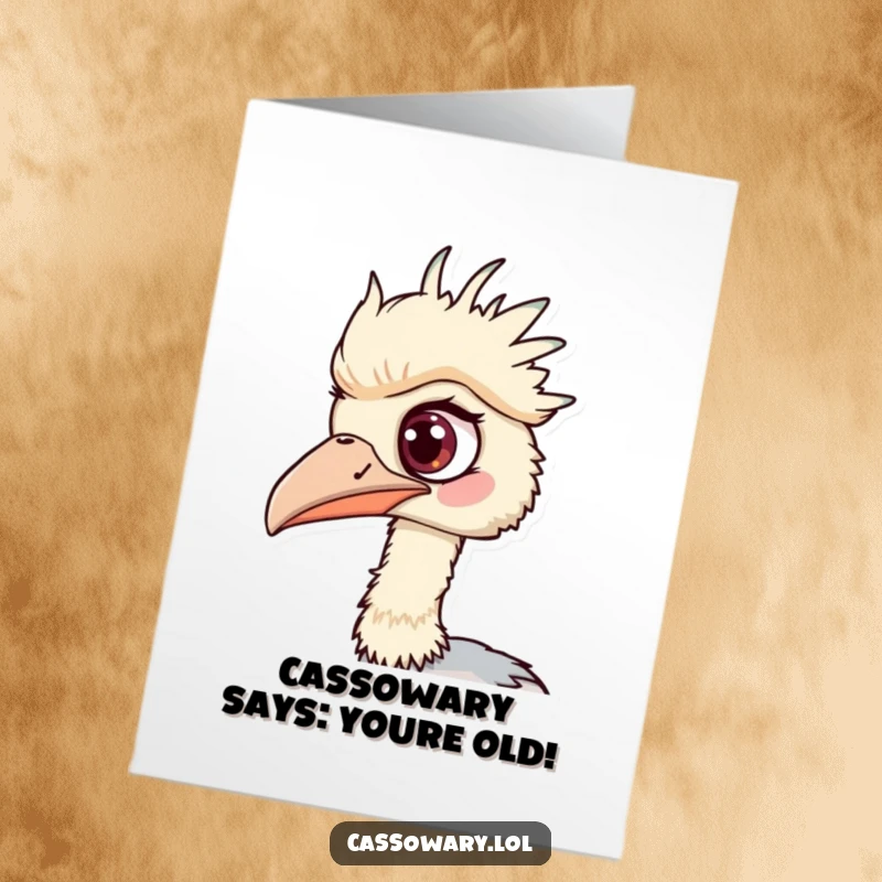 Funny Free Printable Cassowary Birthday Card, one eye wide, spotting something intriguing, downloadable DIY humor.