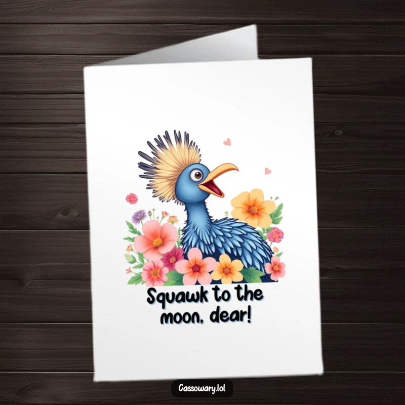 Funny Free Printable Birthday Card: A cassowary squawking joyfully among vibrant flowers, cartoon, great for gifts.