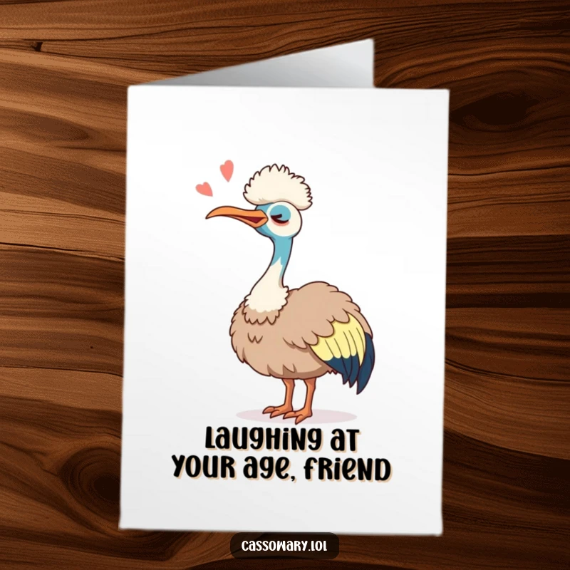 Funny Free Printable Cassowary Birthday Card, head back, laughing silently with pure joy, cheerful DIY.