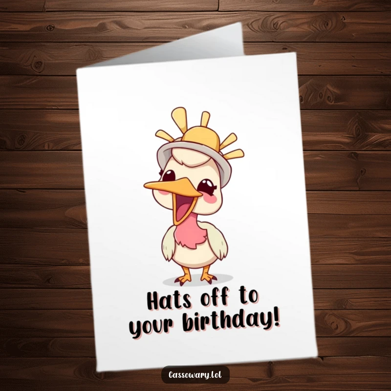 Funny Free Printable Giggling Cassowary Birthday Card: Bird wearing a silly hat, giggling with birthday cheer.