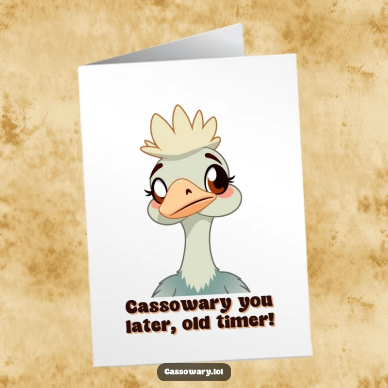 Funny Free Printable Birthday Card: Amused cassowary peeking with a smirk, watching unseen silliness unfold.