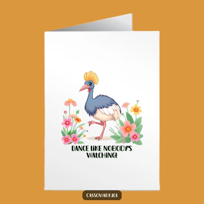 Funny Free Printable Birthday Card: Dancing Cassowary, Joyful Downloadable Gift