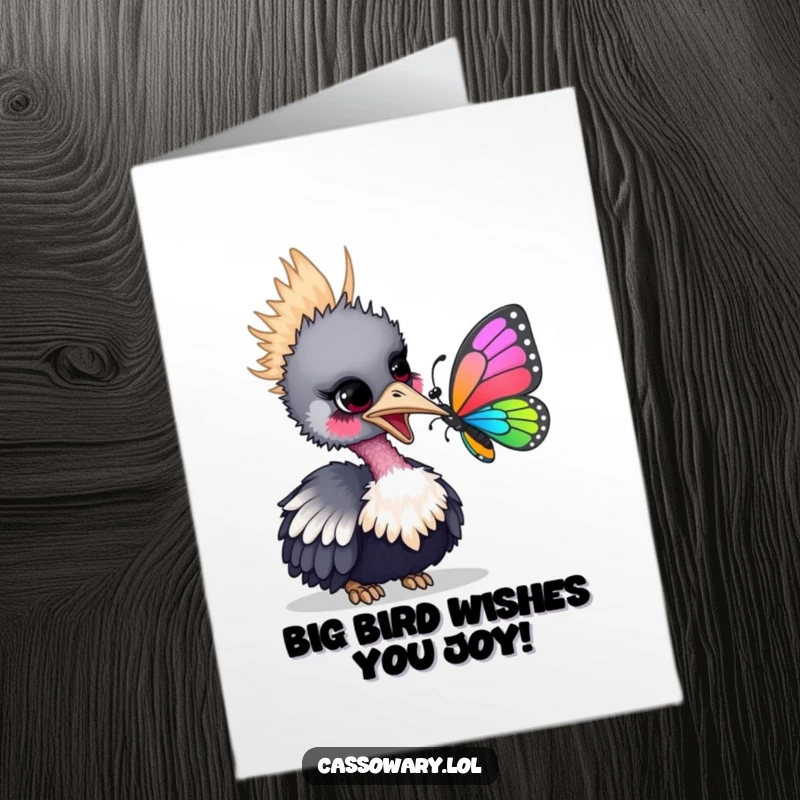 Funny Free Printable Birthday Card: A cassowary playfully nudging a butterfly, cartoon style, perfect for DIY gifts.