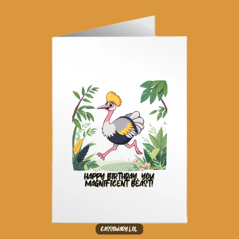 Free Printable Birthday Card: Energetic Cassowary Running, Funny Bird Downloadable Gift