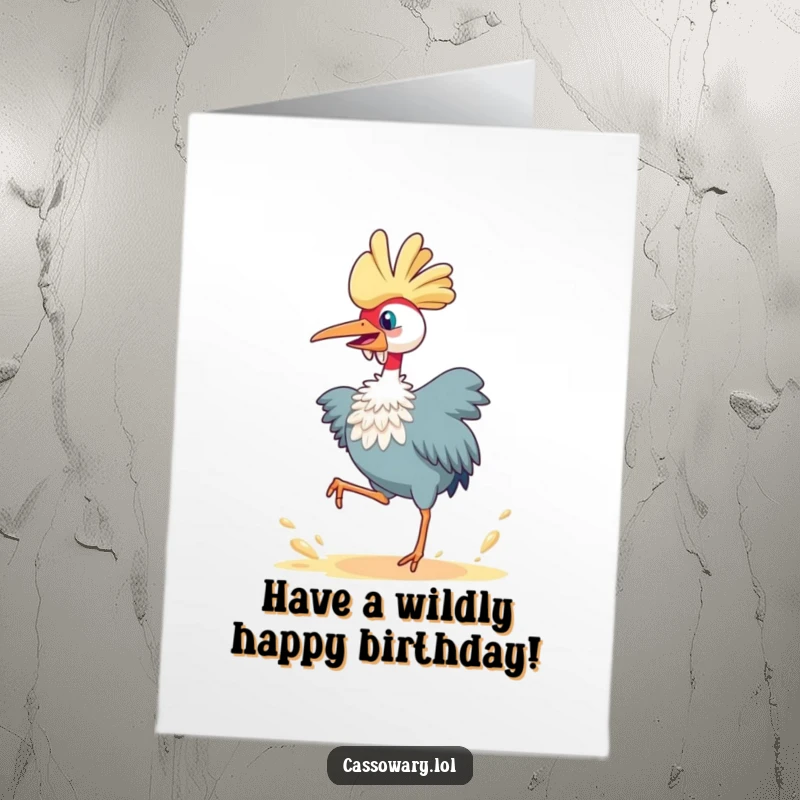 Funny Free Printable Birthday Card: A cassowary joyfully leaps, kicking up dust with exuberant celebration for the recipient.
