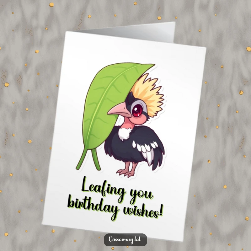 Funny Free Printable Birthday Card featuring a cassowary curiously peeking from behind a large green leaf, ready to deliver laughs.
