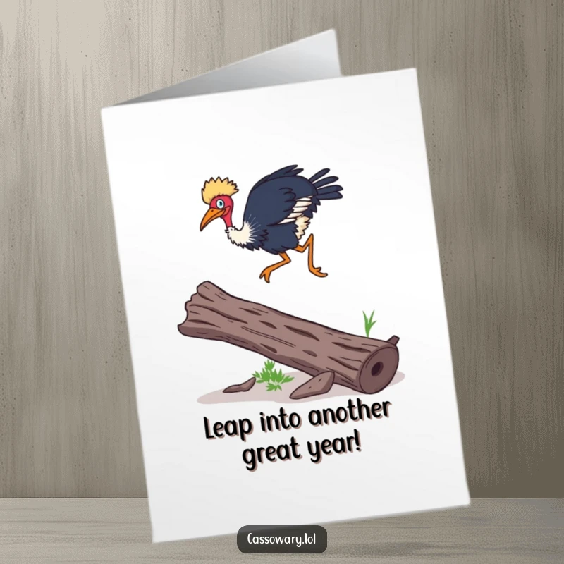 Funny Free Printable Birthday Card: A surprisingly agile cassowary leaps gracefully over a fallen log.
