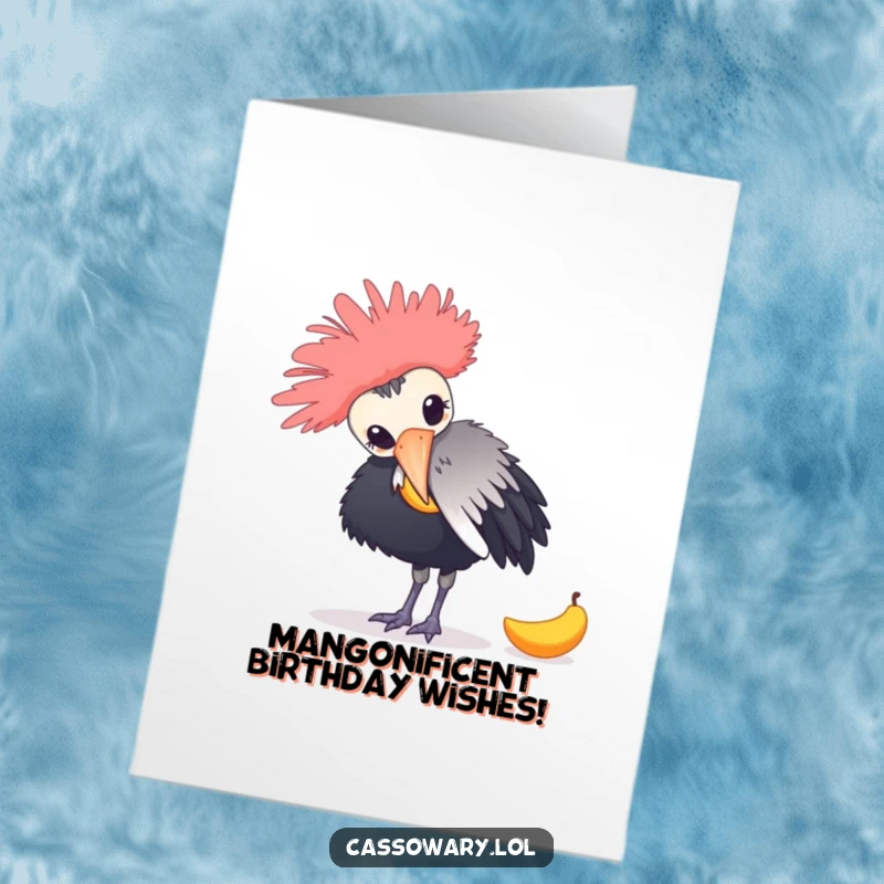 Funny Free Printable Cassowary Birthday Card: Bird playfully nudging a mango, perfect for a laugh.