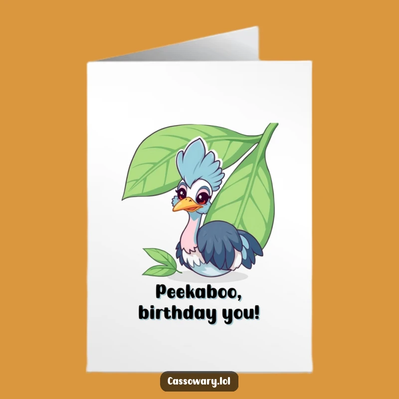 Free Printable Birthday Card: Peek-a-Boo Cassowary - Funny Leaf Surprise Downloadable Gift