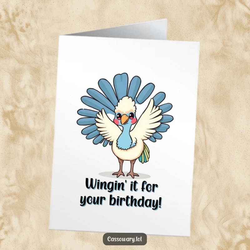 Funny Free Printable Birthday Card: kawaii cassowary cheerfully waves its wing, offering a friendly birthday greeting.