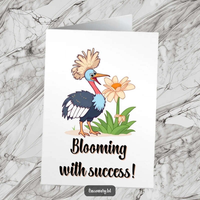 Funny Free Printable Congratulations Card: An excited cassowary gazes with pure enthusiasm at an oversized, beautiful flower.