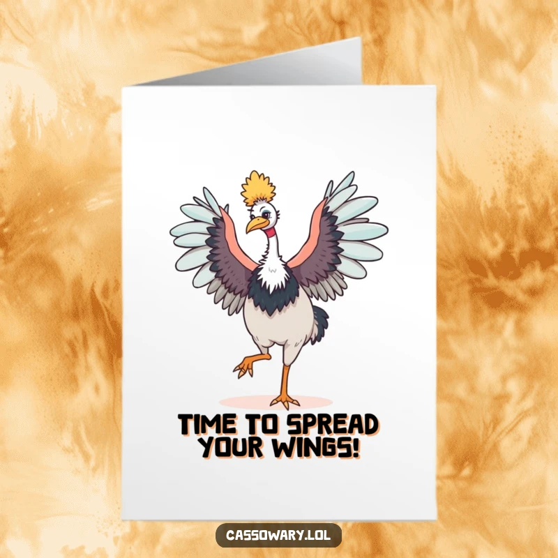 Funny Free Printable Congratulations Card: A cassowary happily dancing with wings outstretched, celebrating victory with flair.