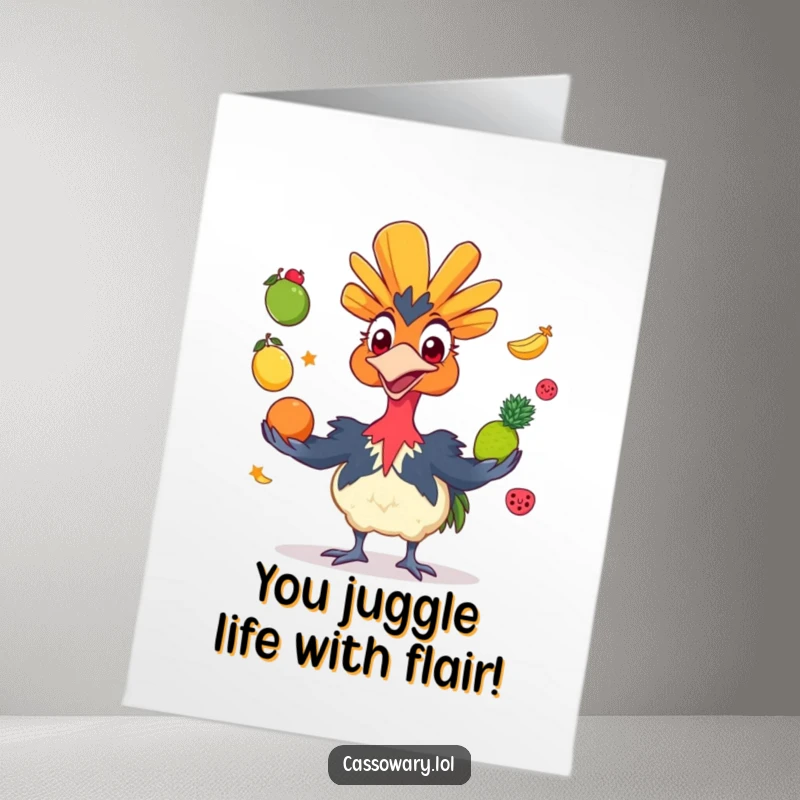 Funny Free Printable Congratulations Card: Wide-grinning cassowary juggling colorful fruit, celebrating a major achievement.