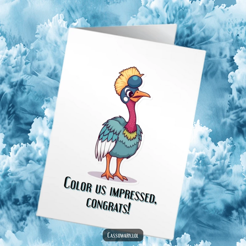 Funny Free Printable Congratulations Card: A cassowary tilts elegantly, flaunting its stunningly vibrant plumage in celebration.