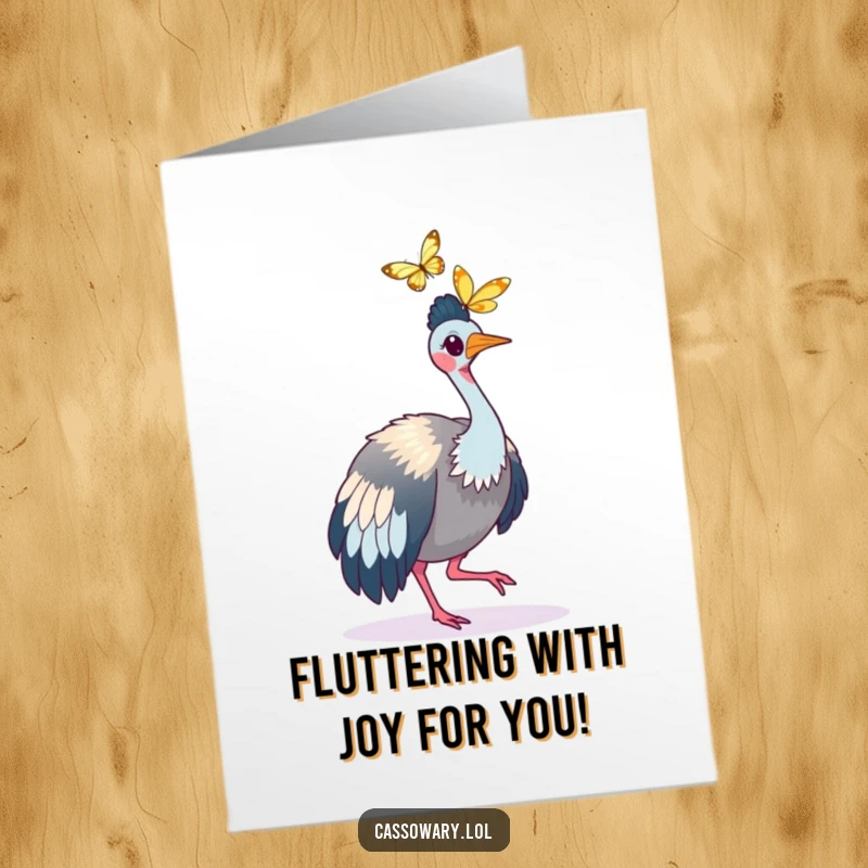 Funny free printable congratulations card: A cassowary playfully pursues a fluttering butterfly, embodying the pursuit of goals with humor.