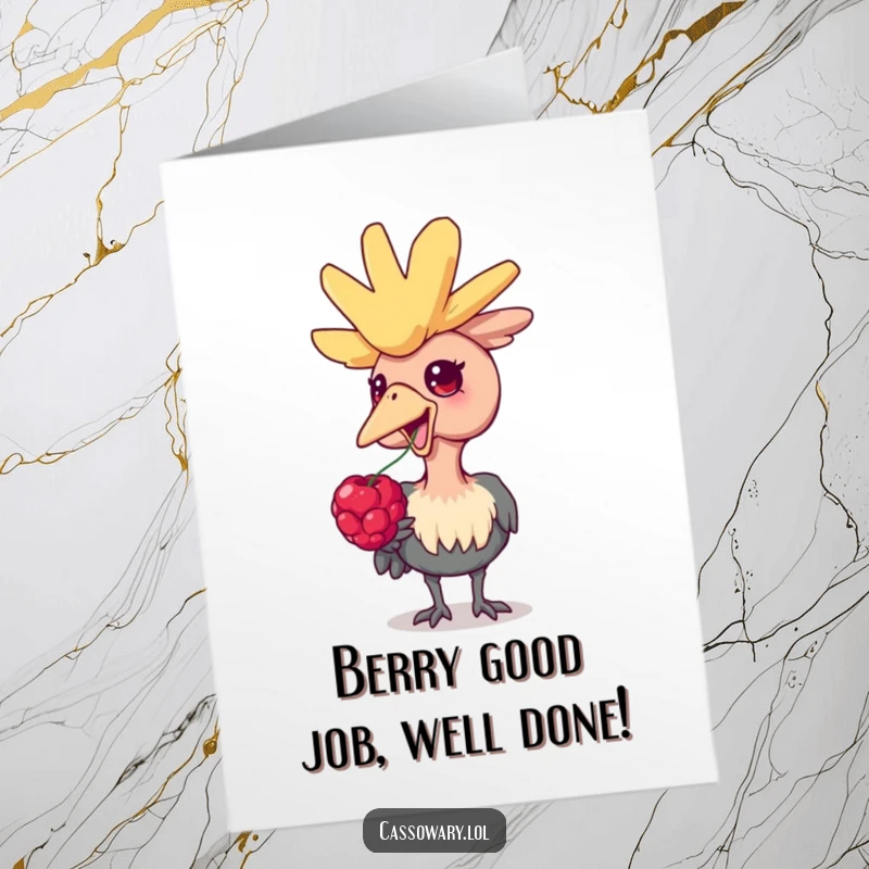 Funny Free Printable Cassowary Congratulations Card, a cheerful bird relishing a berry, great for a downloadable DIY gift.