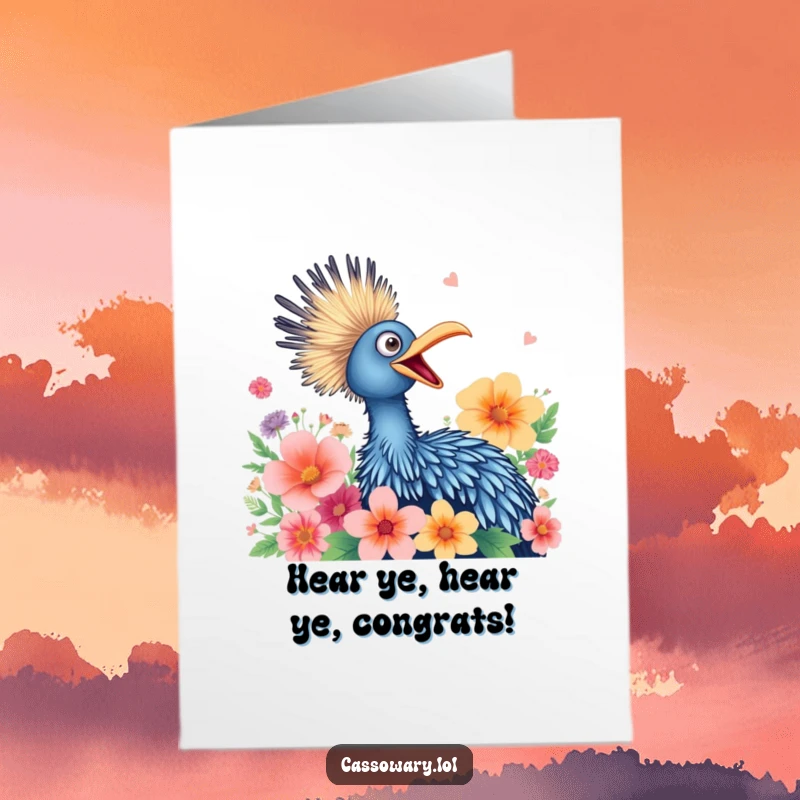 Funny Free Printable Congratulations Card: A happy cassowary squawking amid flowers, whimsical cartoon, downloadable gift.