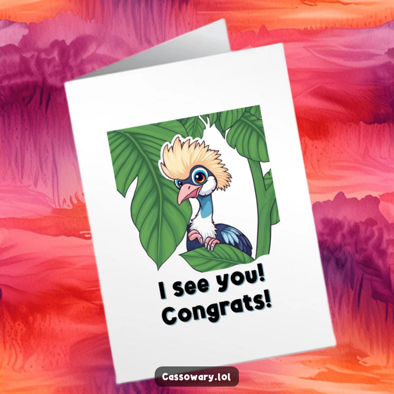 Funny Free Printable Congrats Card: A cassowary playfully peeking from behind a tropical leaf, acknowledging a great success.