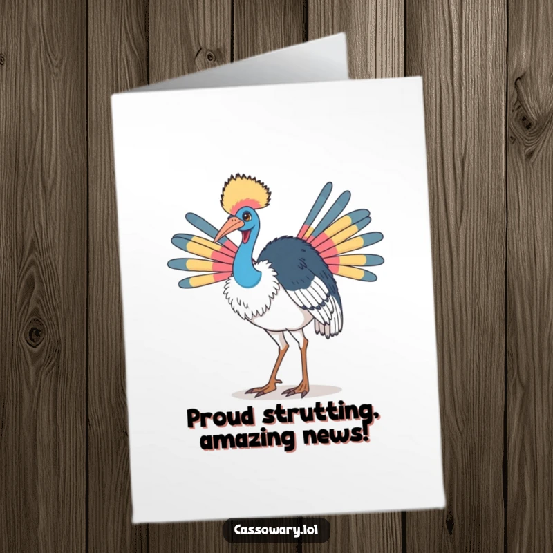 Free Printable Congratulations Card: A cassowary triumphantly doing a proud strut, displaying its colorful neck feathers after a success.