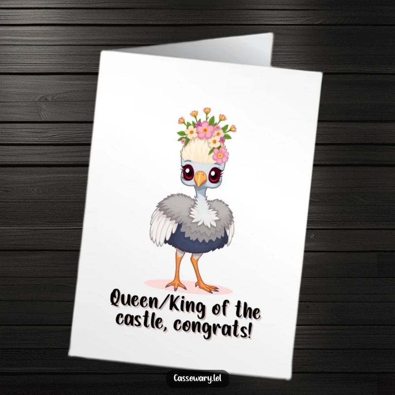 Funny Free Printable Congratulations Card: A cassowary dons a small floral crown and struts proudly, celebrating a big win.