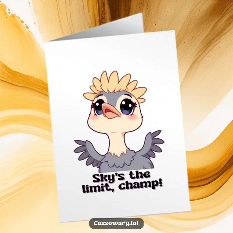 Funny Free Printable Congrats Card: A kawaii cassowary looks up at the sky with wide eyes, filled with wonder and amazement.